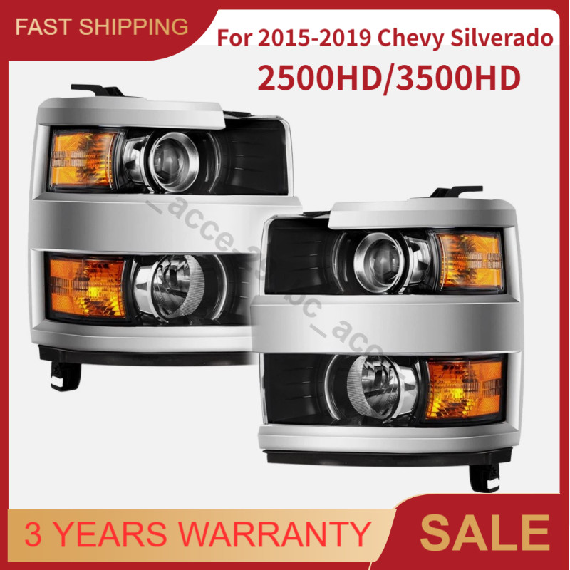 Pair Left + Right Halogen Headlights For 2015-2019 Chevy Silverado 2500/3500 HD