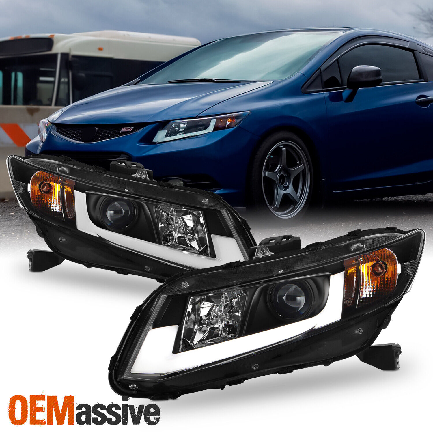 Fits 12-15 Honda Civic Black Light Bar/Tube Design DRL LED Projector Headlights
