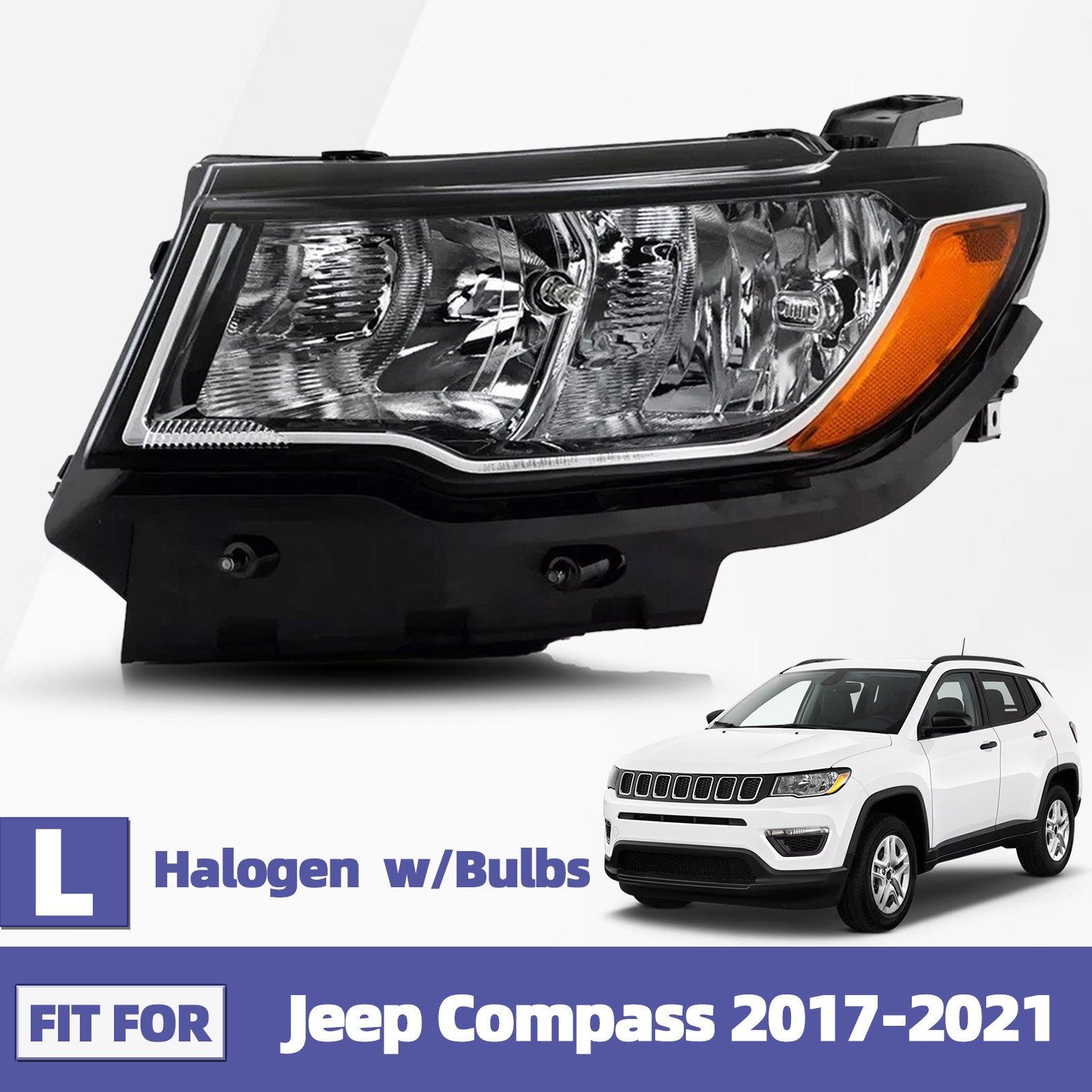 For 2017-2021 Jeep Compass Halogen Headlight Chrome With Bulb Left Driver Side