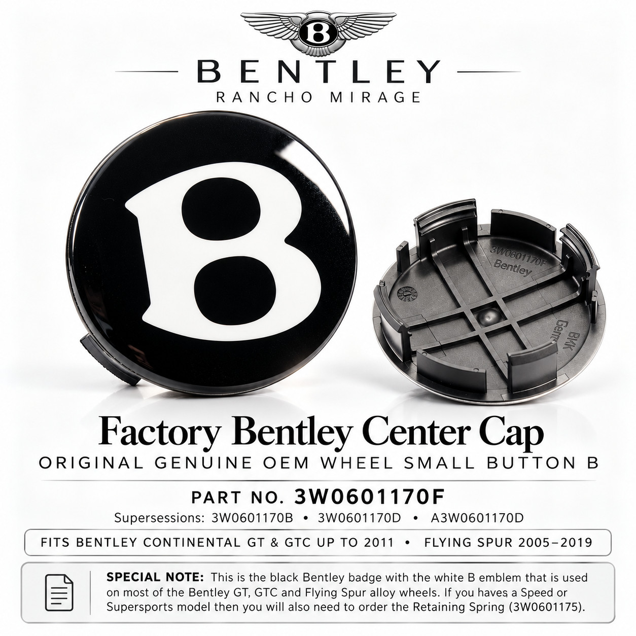 Genuine Bentley GT GTC Flying Spur Wheel Center Cap Black B OEM 3W0601170F