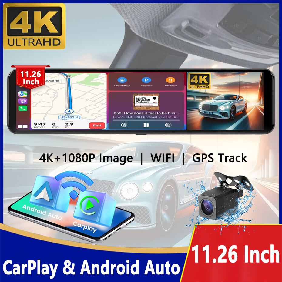Car Rearview Mirror Carplay Android Auto Dash Camera Car Camera 4K+1080P Car DVR