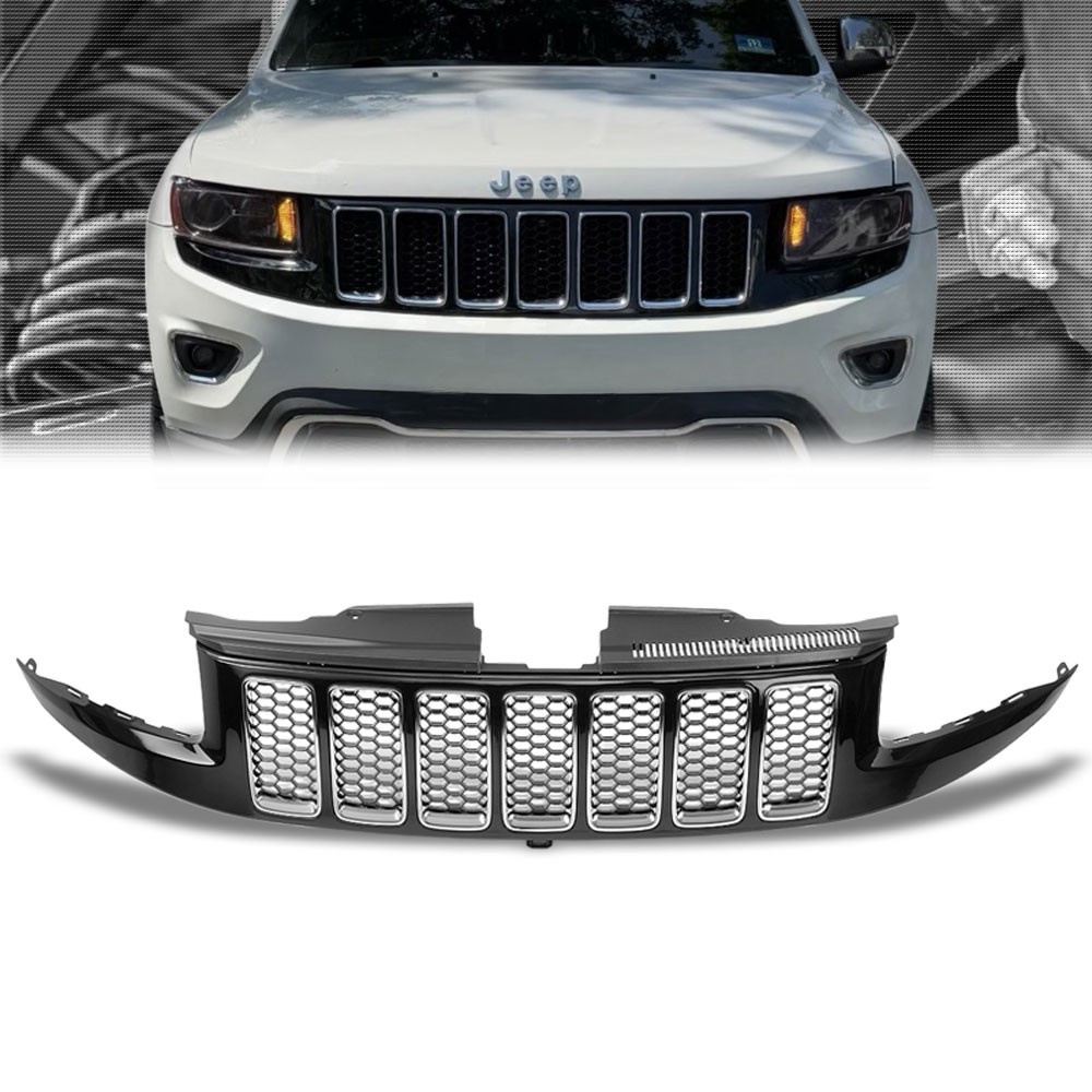 Black Honeycomb Mesh/Chrome Ring Front Grille For 14-16 Grand Cherokee 5.7L/6.4L