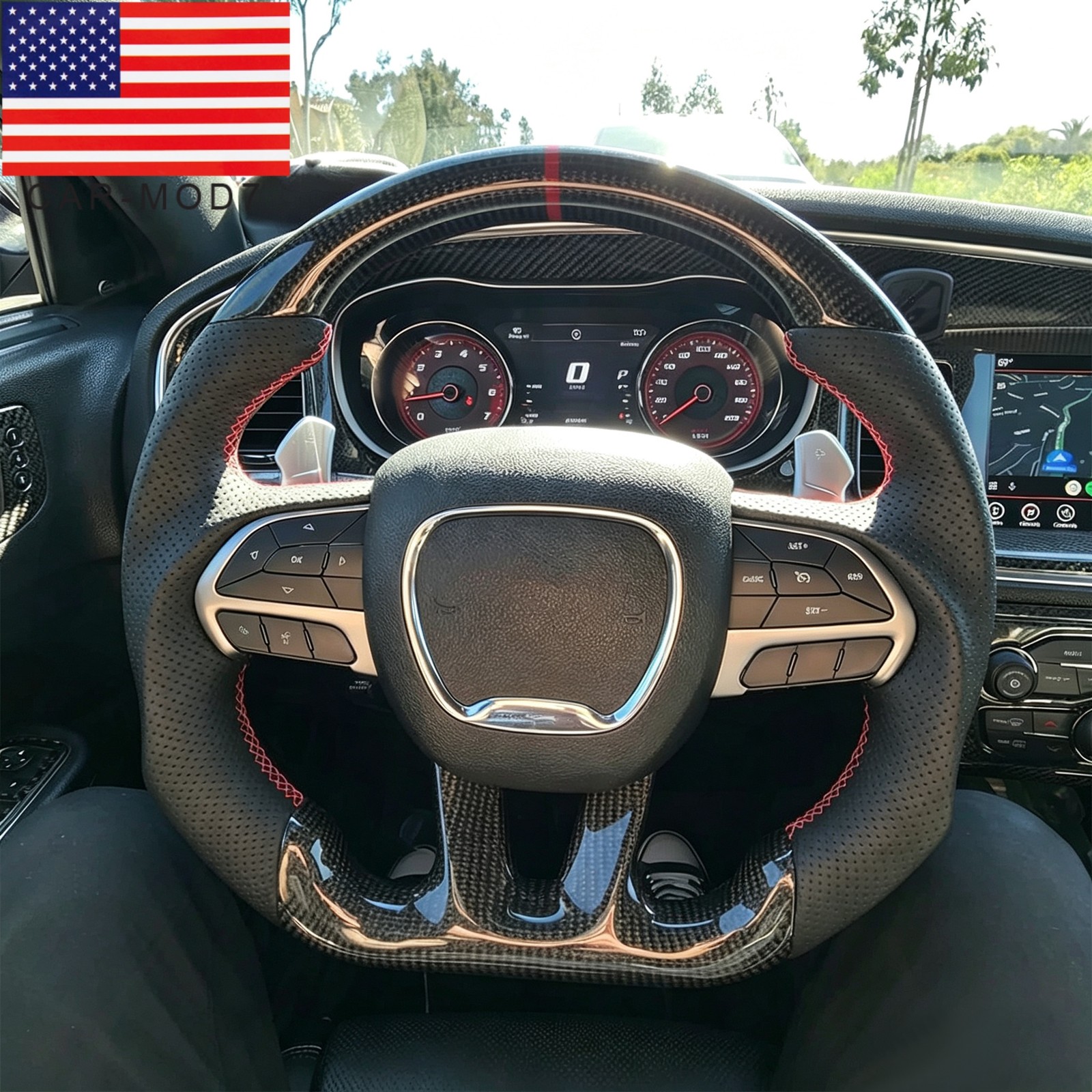 Real Carbon Fiber Steering Wheel For 2015-2024 Dodge Challenger Charger SRT