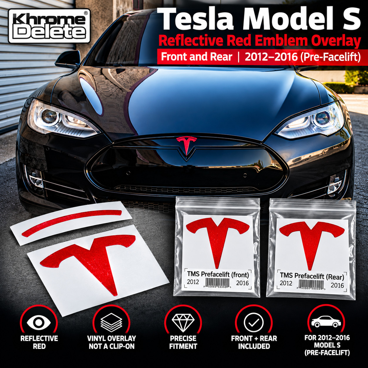 2012-2016 Tesla Model S Reflective Red Vinyl Overlay for the Emblems.