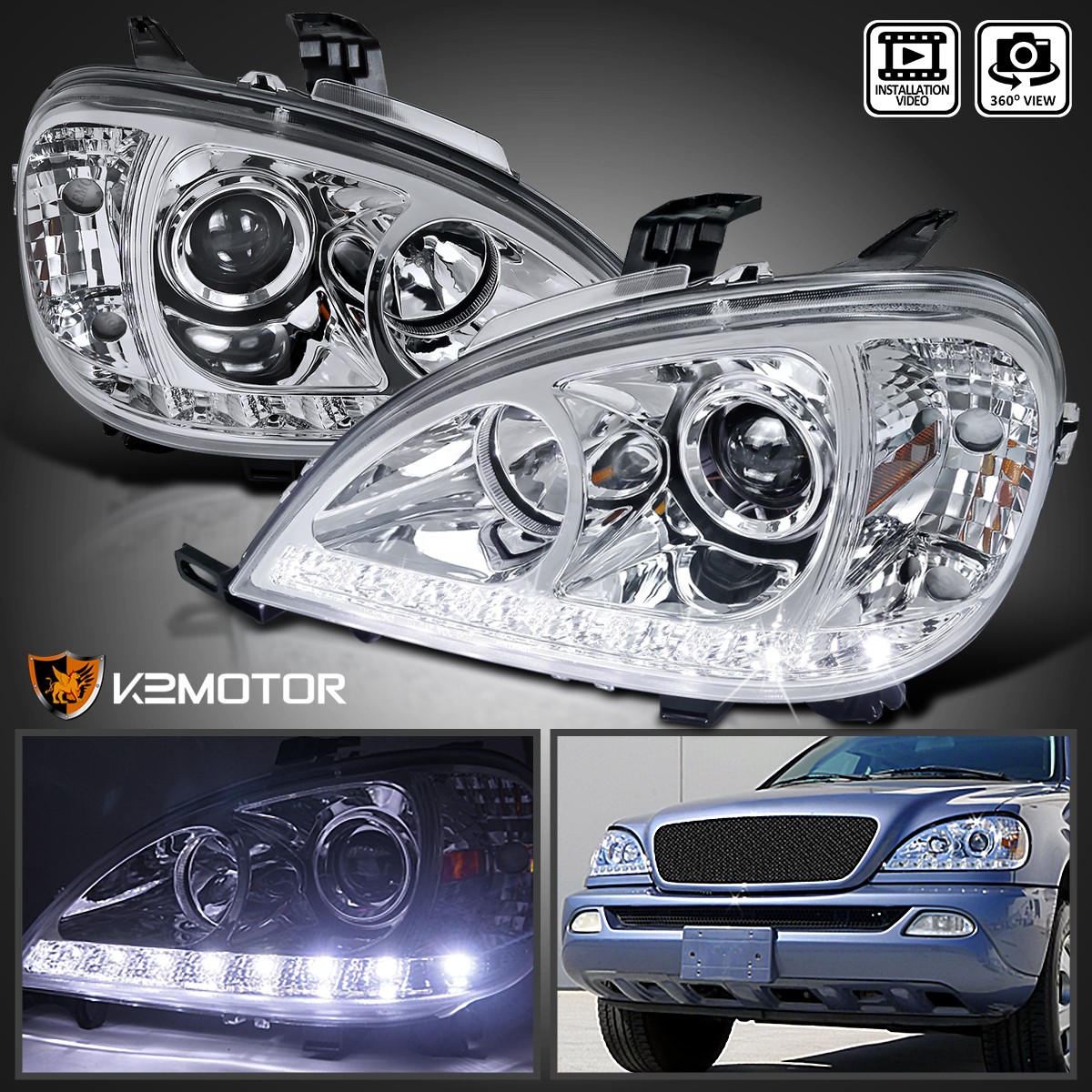 Fits 1998-2001 Mercedes Benz W163 ML320 ML430 LED Strip Projector Headlights Fits 1998-2001 Mercedes Benz W163 ML320 ML430 LED Strip Projector Headlights