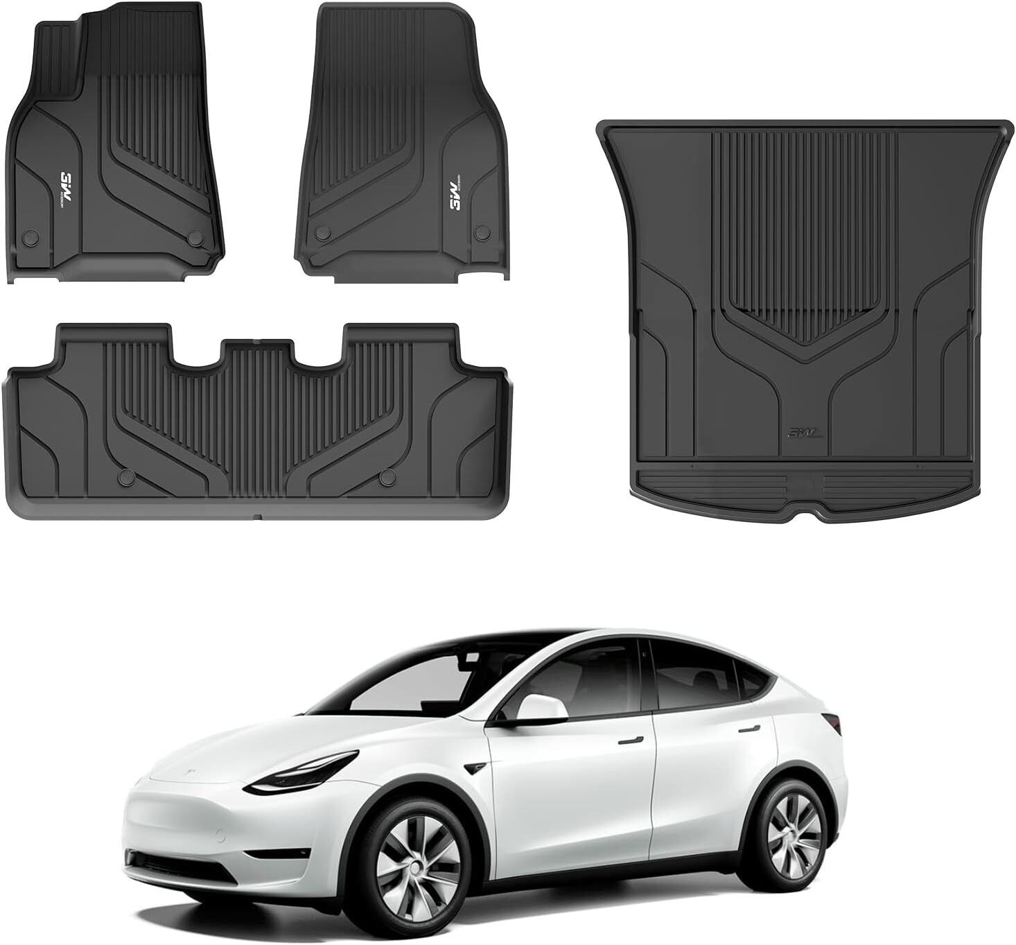 3W Car Floor Mats for Tesla Model Y 2020-2024 3D TPE All-Weather Liner Full Set