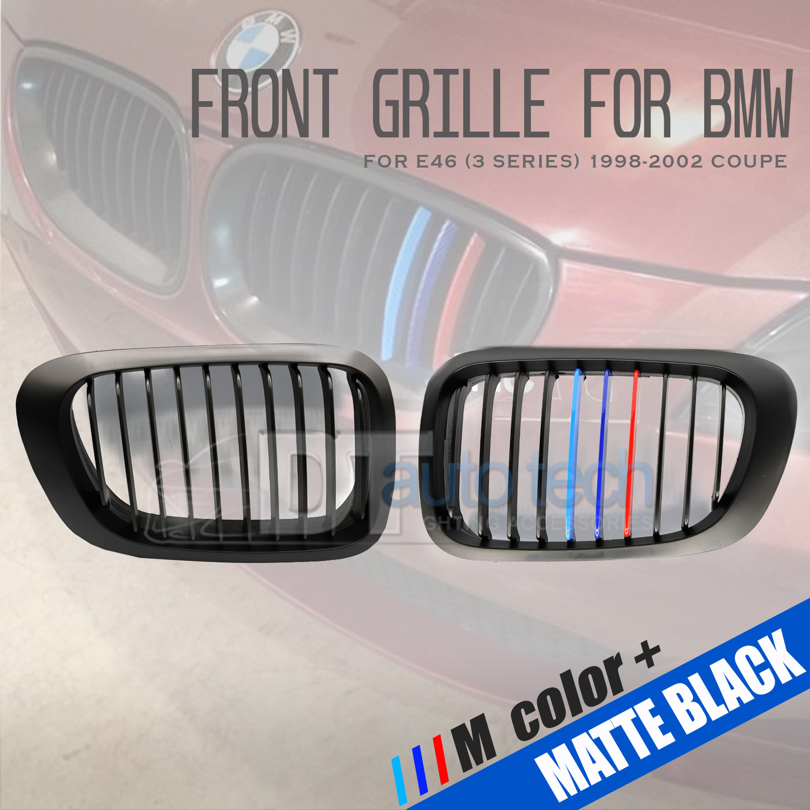///M Color BMW 98-02 E46 3-Series 2D Matte Black Front Kidney Grille Grill 2pcs