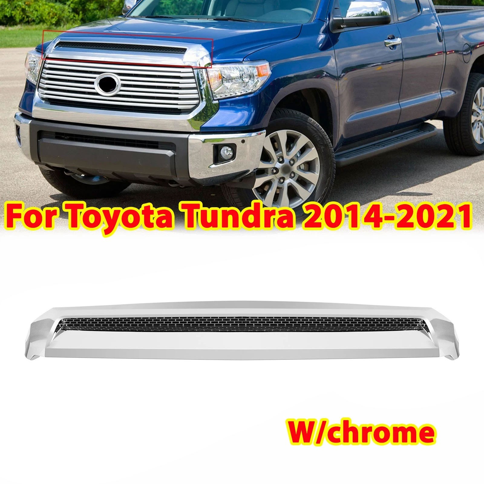 For Toyota Tundra 2014-2021 Chrome Front Upper Hood Bulge Molding Grille Trim For Toyota Tundra 2014-2021 Chrome Front Upper Hood Bulge Molding Grille Trim