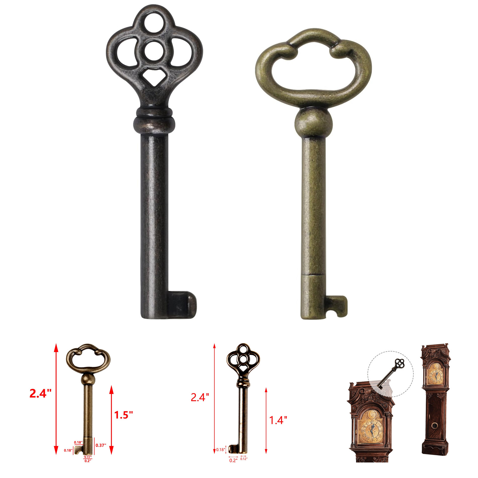 Skeleton Key Set Antique Brass Hollow Barrel Keys for Vintage Furniture Locks