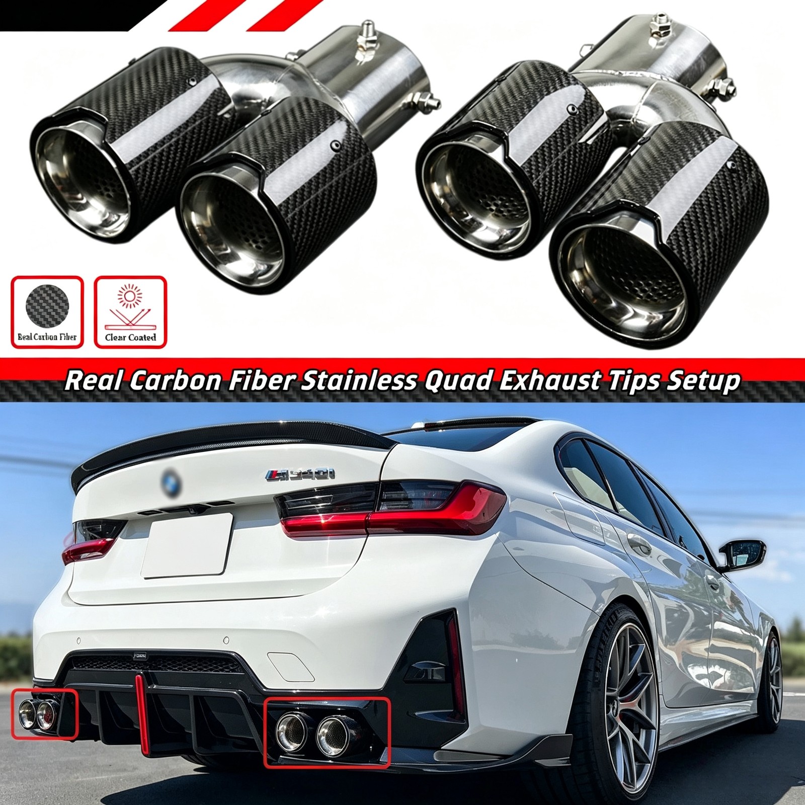 FOR 2019-2026 BMW G20 M340i 330i CARBON FIBER STAINLESS QUAD EXHAUST MUFFLER TIP FOR 2019-2026 BMW G20 M340i 330i CARBON FIBER STAINLESS QUAD EXHAUST MUFFLER TIP
