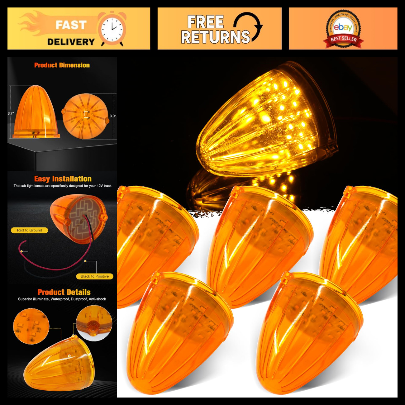 5PCS LED Cab Marker Lights Amber Waterproof for Heavy Duty Trucks - 17 LED Signa 5PCS LED Cab Marker Lights Amber Waterproof for Heavy Duty Trucks - 17 LED Signa