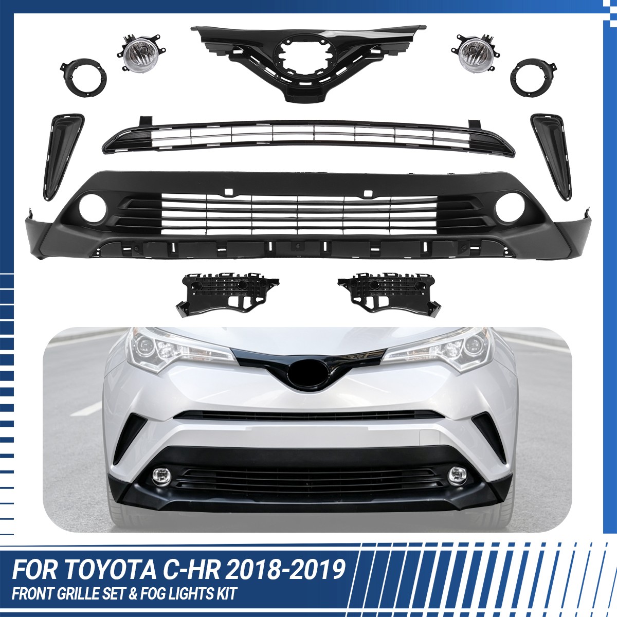 8Pcs Front Bumper Upper Lower Grille + Fog Lights Kit For 2018-2019 Toyota C-HR