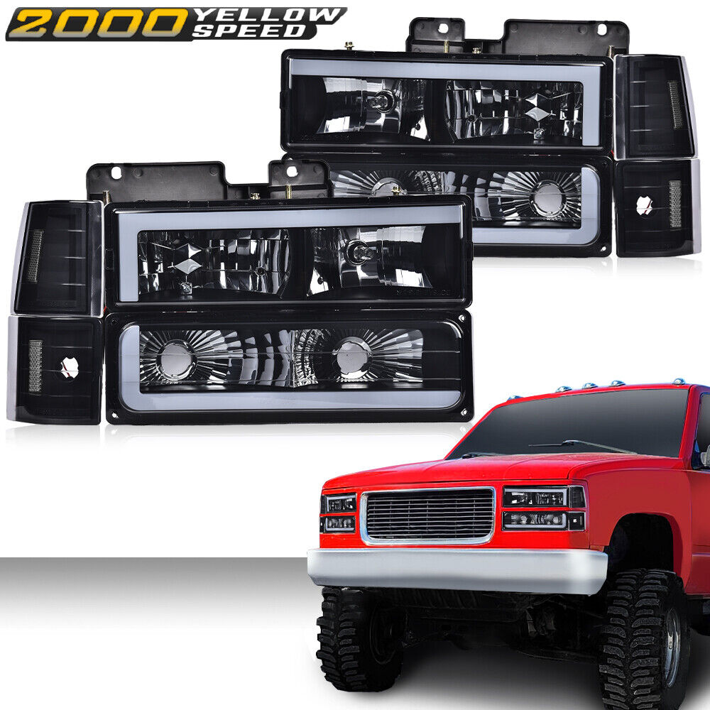 Fit For 94-00 Chevy GMC C/K 1500 2500 3500 LED DRL Smoke Lens Black Headlights