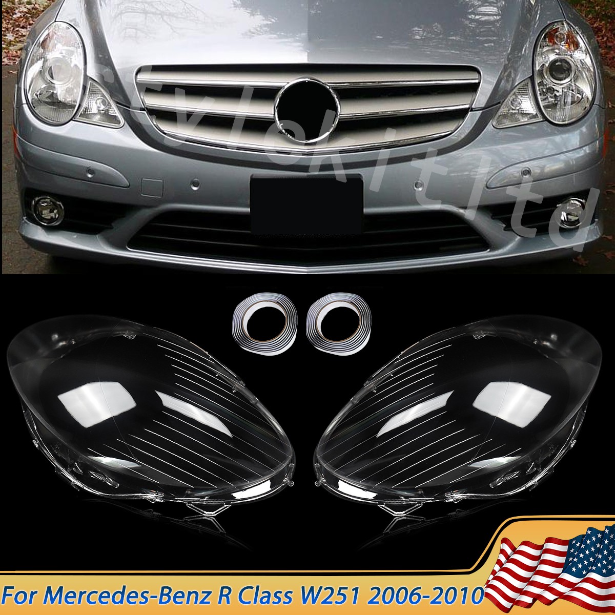 Pair Headlight Lens Cover For Mercedes Benz W251 R320 R350 R500 2006 2007 2008