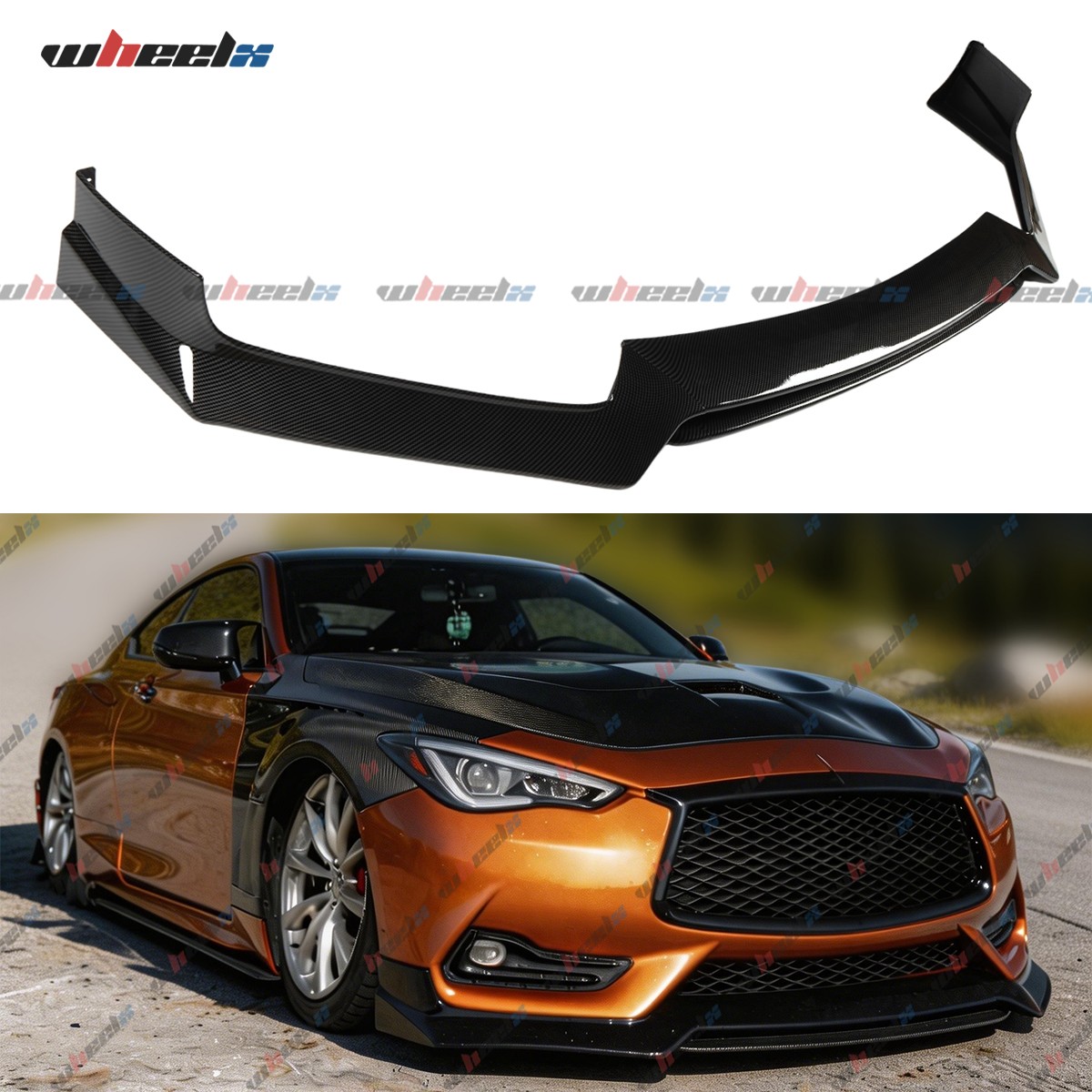 WheelX Front Bumper Lip Splitter for 2017-2022  Infiniti Q60 Carbon Fiber Style