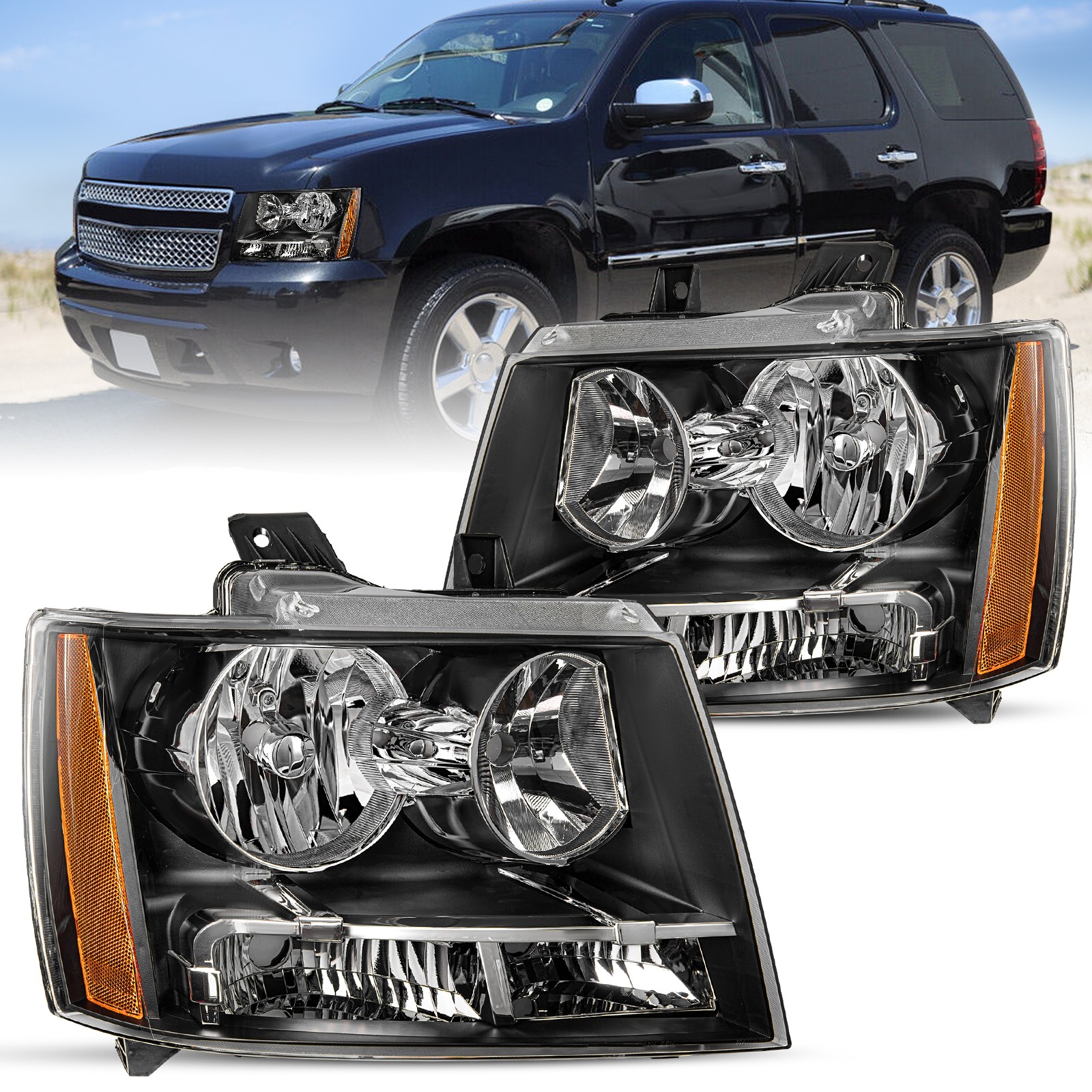 For 2007-2014 Chevy Suburban Tahoe Avalanche Black Halogen Headlights Headlamps