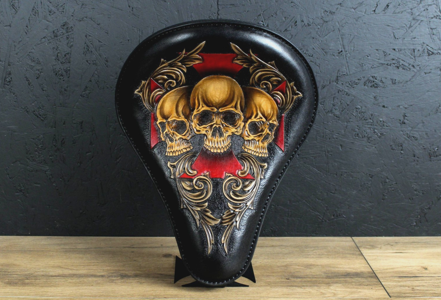 Black Leather Motorcycle Solo Seat Three Skulls Handmade Chopper Bobber Medium 