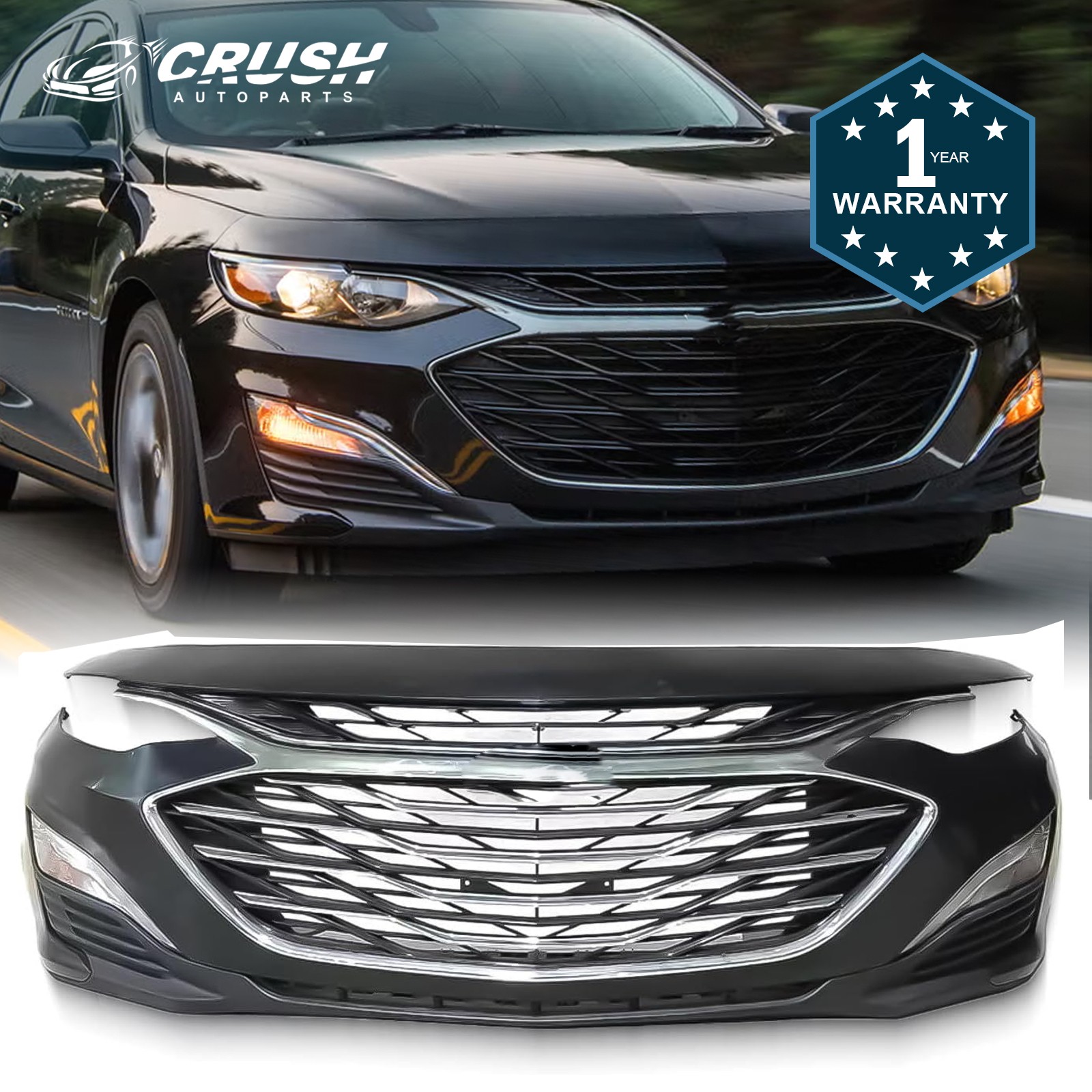 Fit 2019-2024 Chevy Malibu Front Bumper Cover Upper & Lower Grille Fog Light Set Fit 2019-2024 Chevy Malibu Front Bumper Cover Upper & Lower Grille Fog Light Set