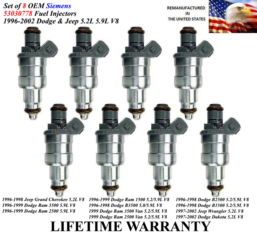Set Of 8 OEM Siemens Fuel Injectors For 1996-1999 Dodge Ram 1500 5.2/5.9L V8
