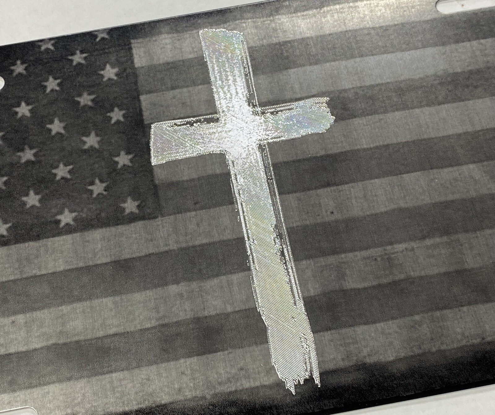 Combo Laser US Flag & Diamond Etched Christian Cross Car Tag License Plate