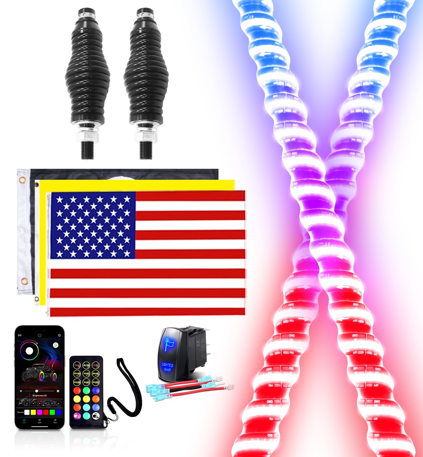 Pair 6FT COB LED Spiral Chasing RGB Whip Lights Antenna For Can Am RZR UTV ATV Pair 6FT COB LED Spiral Chasing RGB Whip Lights Antenna For Can Am RZR UTV ATV