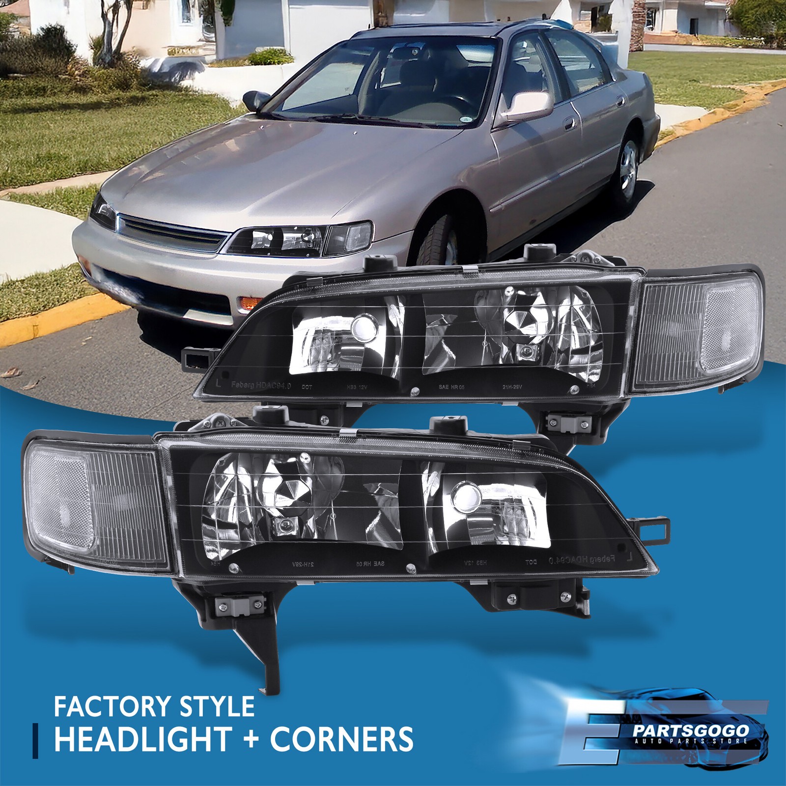 For 94-97 Honda Accord CD JDM Black Headlights + Clear Corner Reflector Lamps