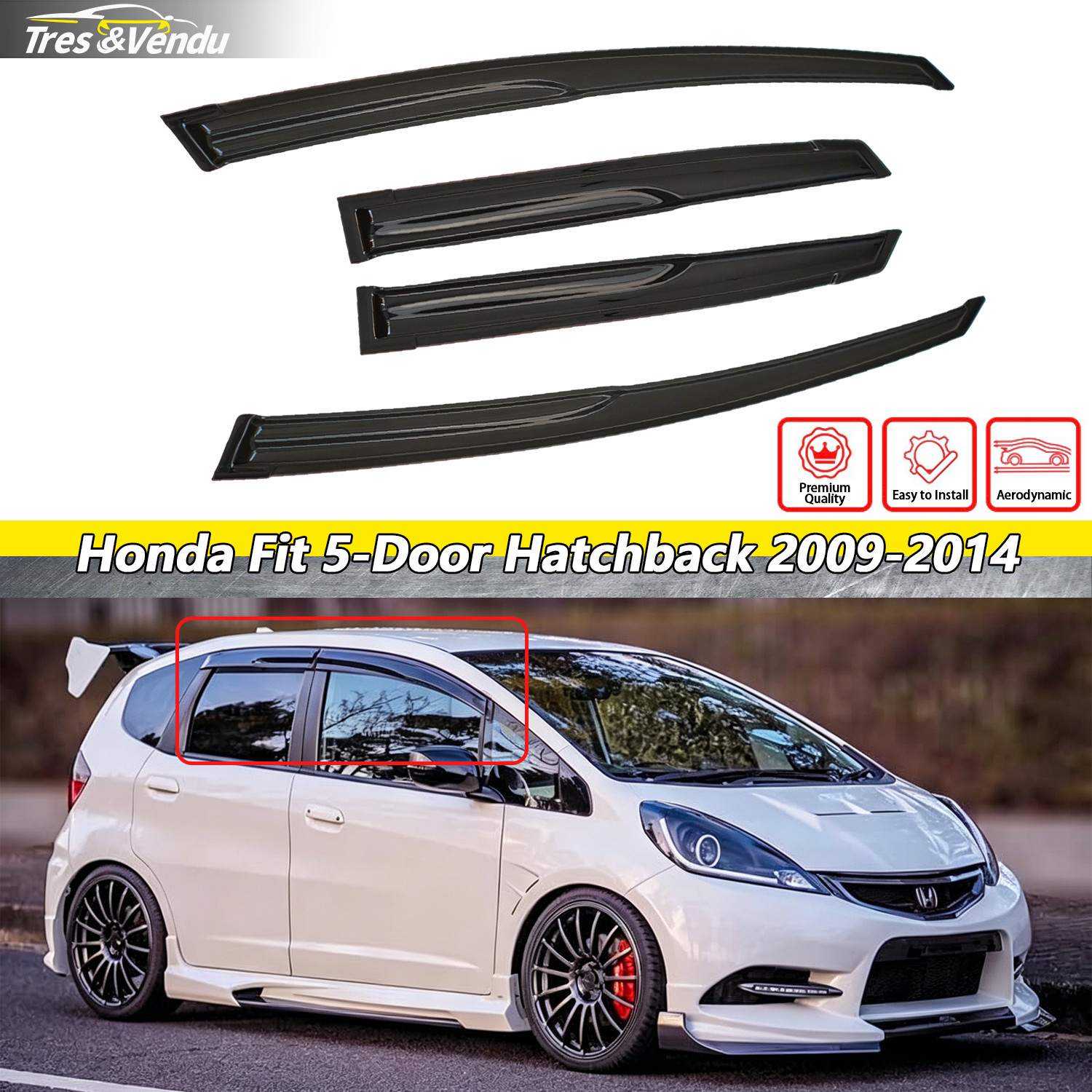 4X Fit 2009‑2014 Honda Fit Window Visor Rain Guards Deflector