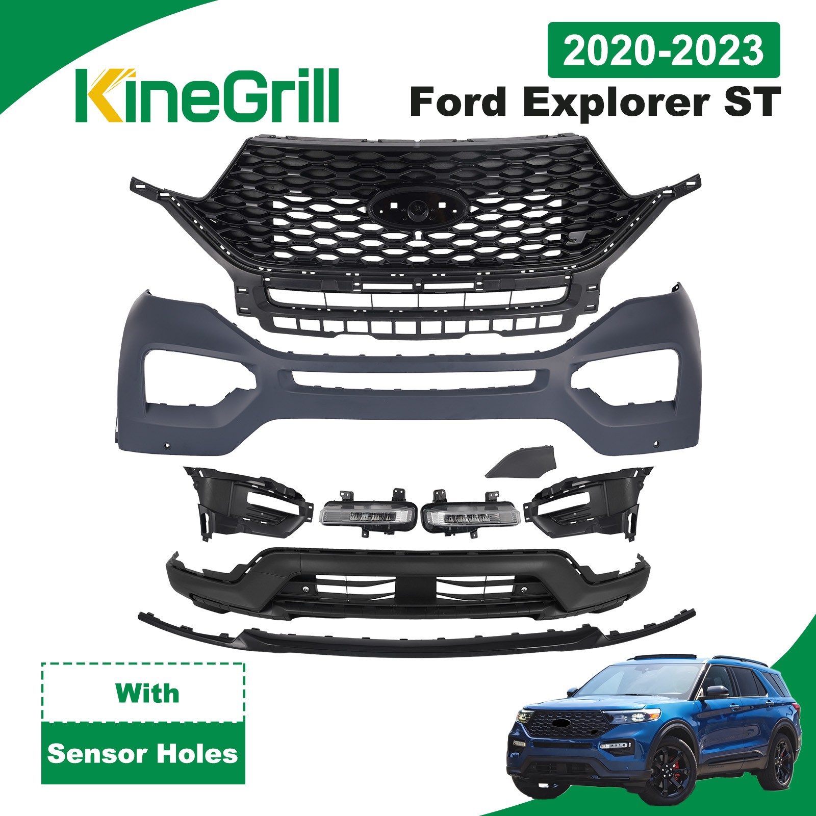 Fit 20-23 Ford Explorer ST Front Bumper Cover Kit W/ Sensor Holes & Camera Holes Fit 20-23 Ford Explorer ST Front Bumper Cover Kit W/ Sensor Holes & Camera Holes