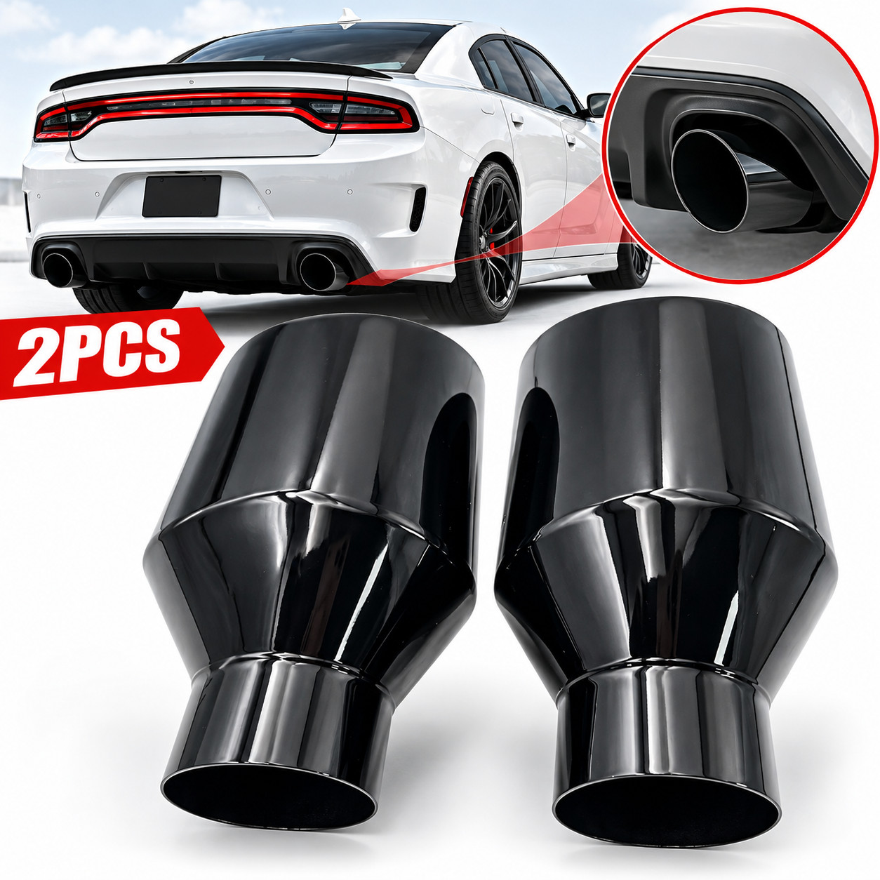 5″ Big Exhaust Tip Pair Dodge RT SRT RAM 2.5″ Inlet Angle Cut Double Wall Black