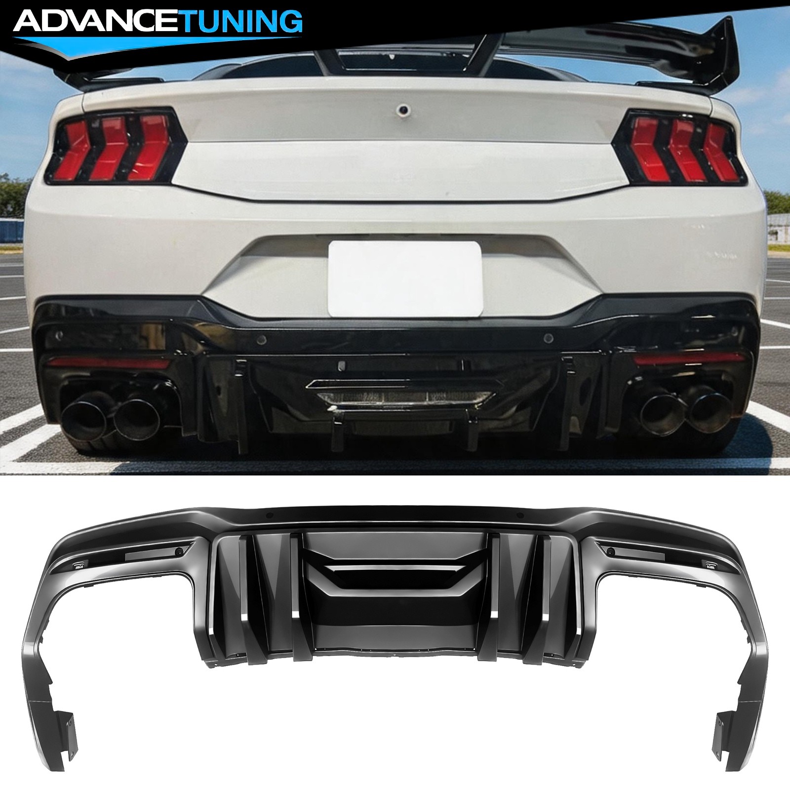 For 24-26 Ford Mustang Competition Style PP Rear Bumper Lip Diffuser Gloss Black