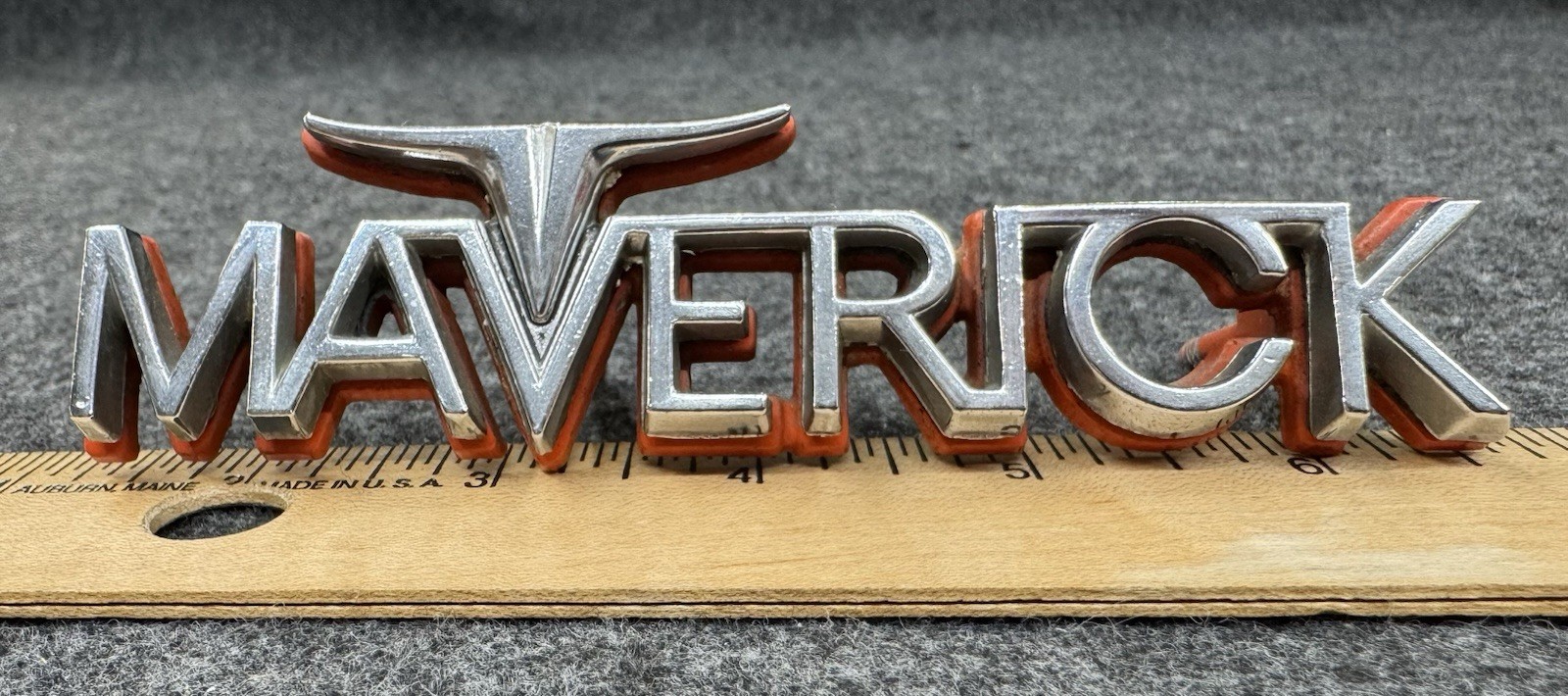 Vintage 1971-1974 Ford Maverick Orange/Chrome Nameplate D1DB-8C052-AWA Vintage 1971-1974 Ford Maverick Orange/Chrome Nameplate D1DB-8C052-AWA