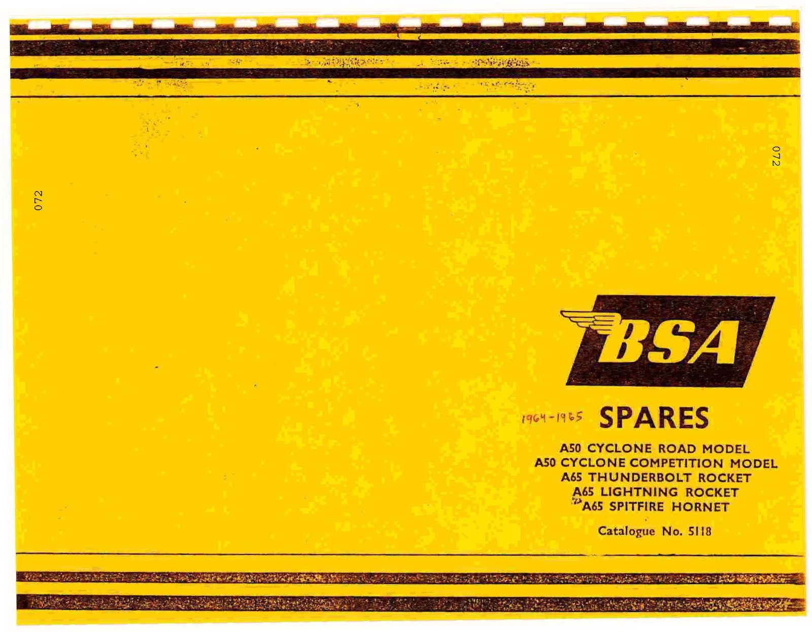 BSA Parts Manual Book 1964 & 1965 A65 Spitfire Hornet & A65 Lightning Rocket 