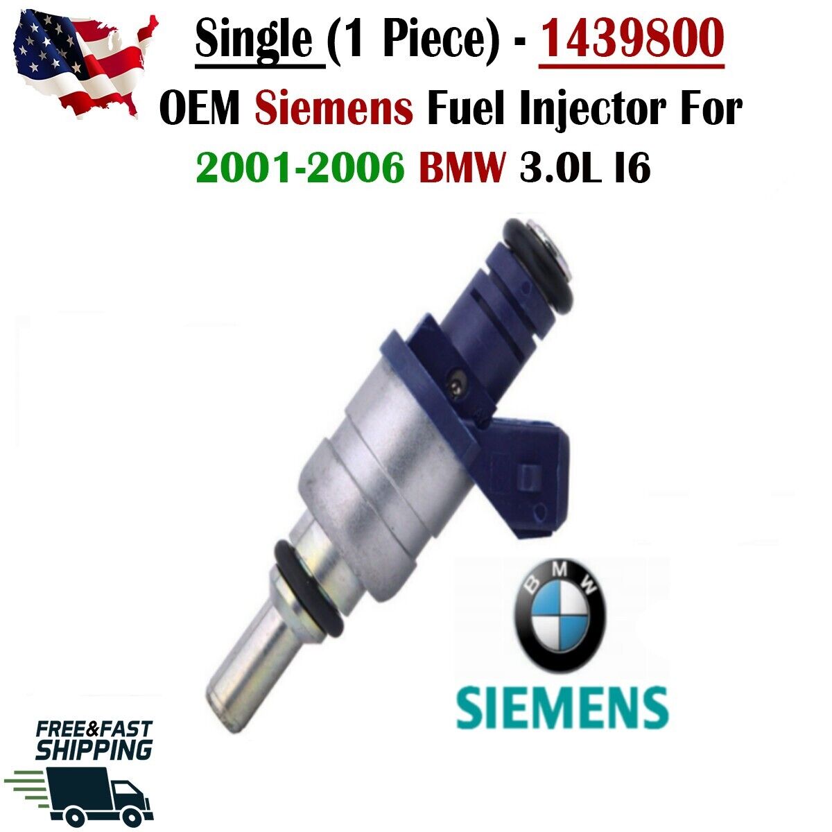OEM Siemens x1 Fuel Injector for 2001, 2002, 2003, 2004, 2005, 2006 BMW 3.0L V6