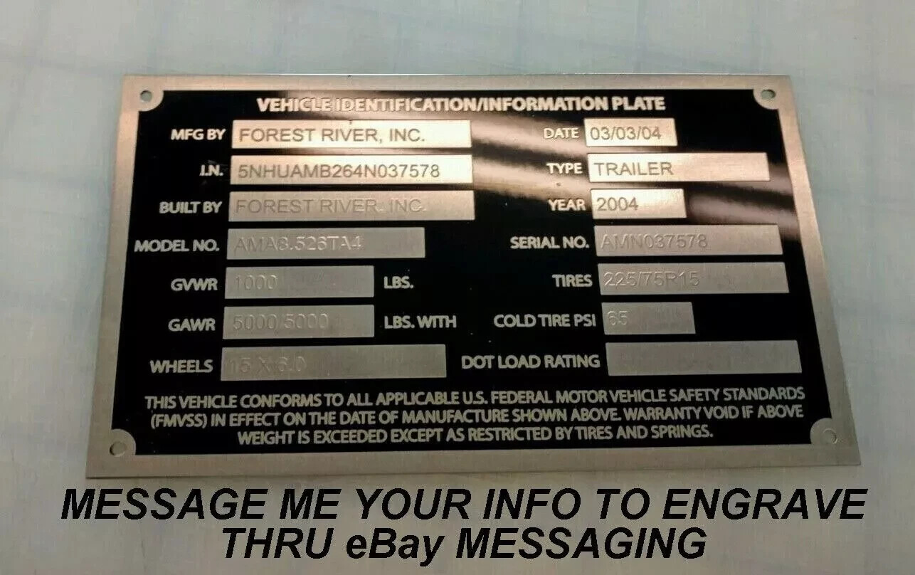 ENGRAVED 14 LINE TRAILER ID DATA PLATE NUMBER DATA TAG NAMEPLATE