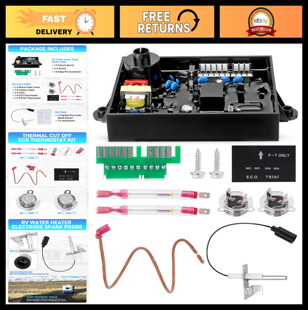3-in-1 RV Water Heater Parts Kit - Control Board, Thermal Cut Off, Spark Igniter 3-in-1 RV Water Heater Parts Kit - Control Board, Thermal Cut Off, Spark Igniter