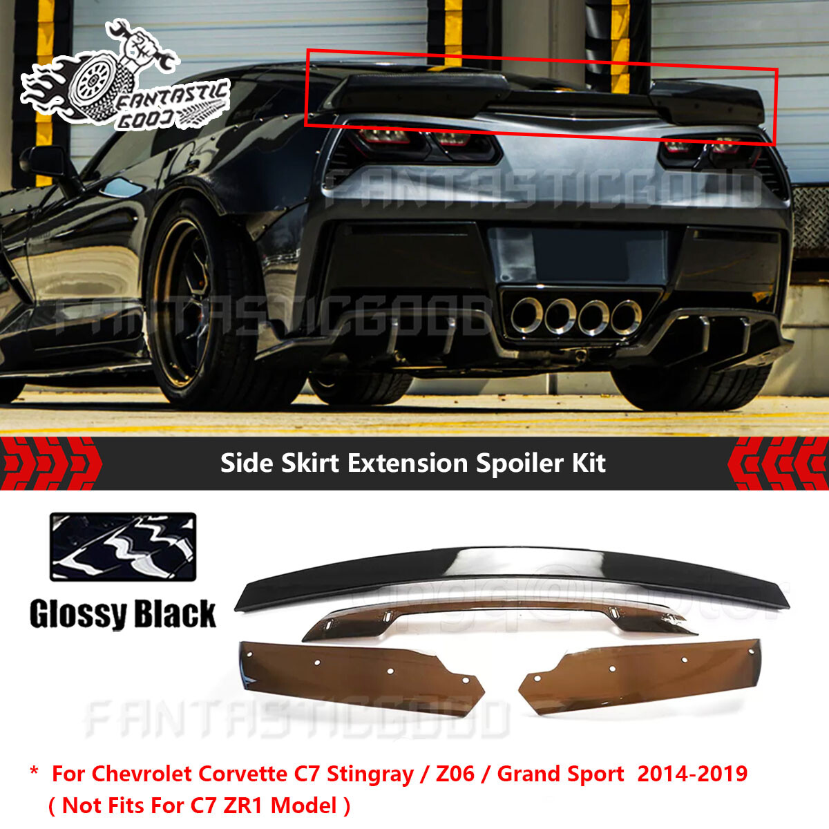 For Corvette C7 Z06 Stingray 2014-2019 Glossy Black Highkick Trunk Spoiler Kit