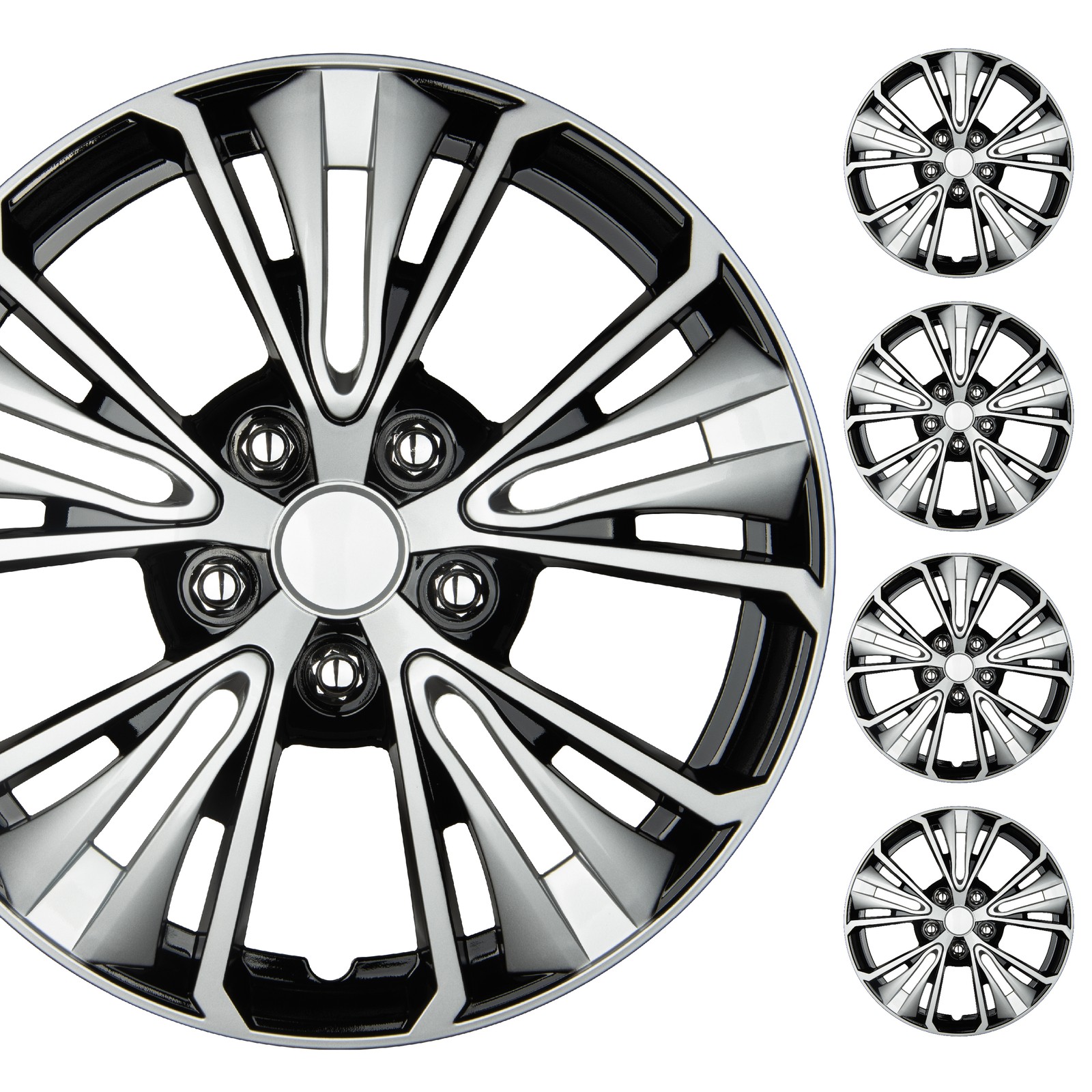 BDK Hubcaps 16 inch Wheel Covers, Set of 4, Snap-on, 5-Spoke Black Silver