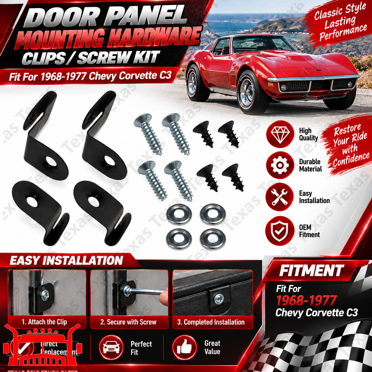 Fit 1968-1977 Chevy Corvette C3 Door Panel Mounting Hardware Clips and Screw Kit