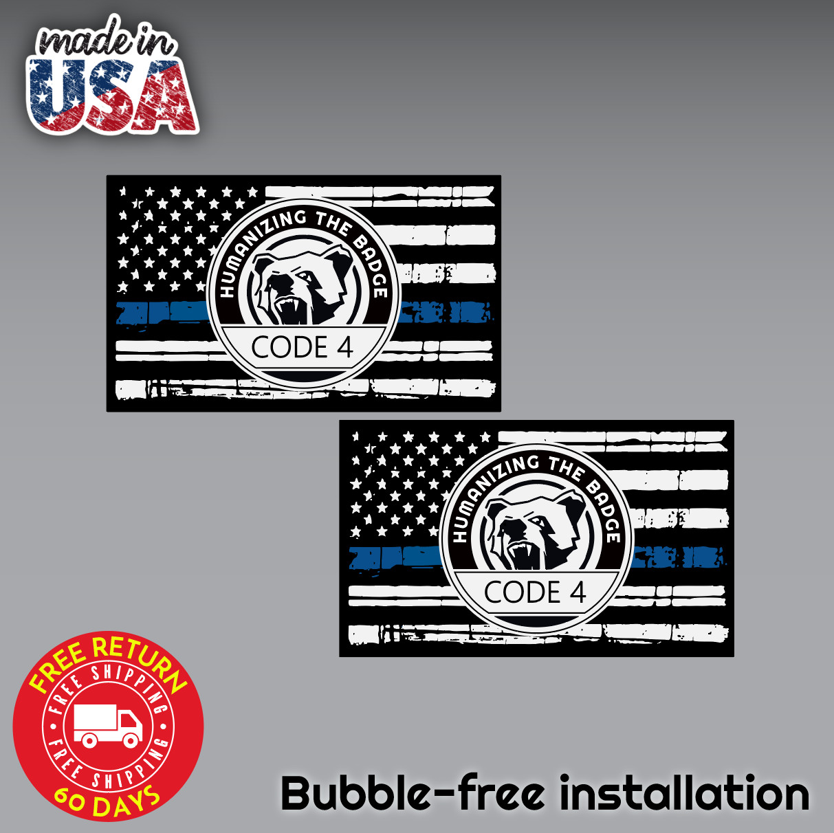 2x Thin Blue Line Code 4 Police Support Sticker Decal for Car Truck Window