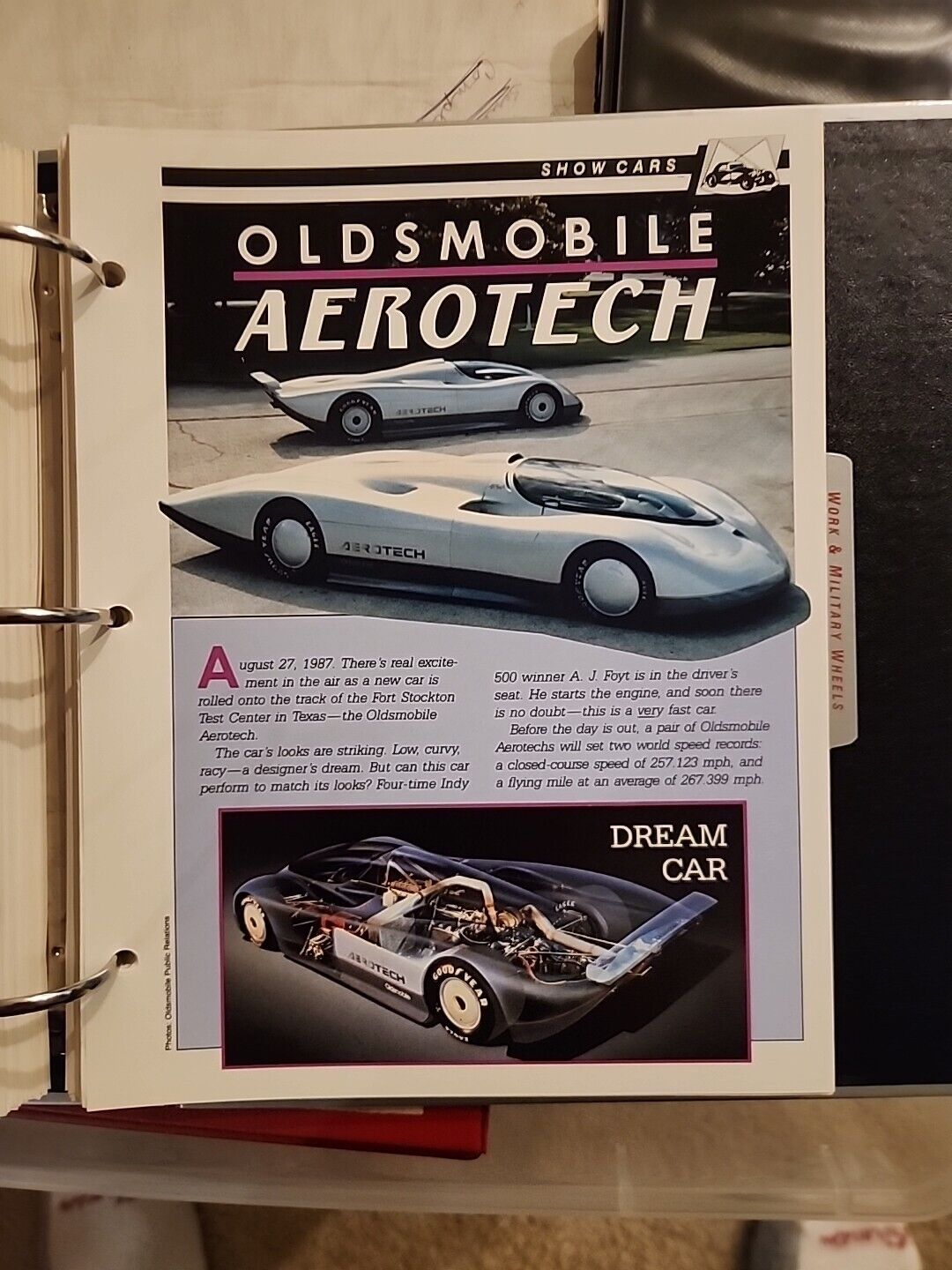 Oldsmobile Aerotech Series Concept Car Spec Sheet Fact Card Olds Quad-4