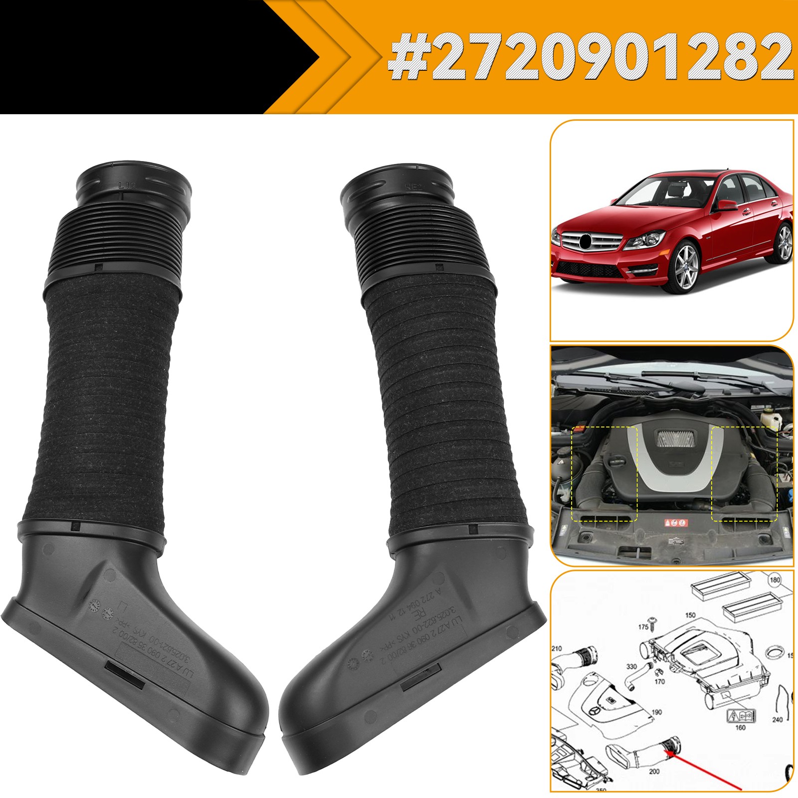 2Pcs Air Intake Duct Inlet Hoses For Mercedes-Benz 08 - 12 C300 E350 3.0L 3.5L