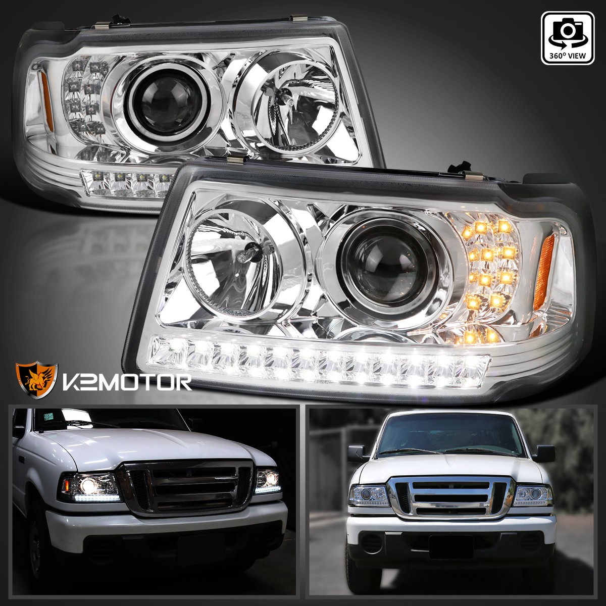 Fits 2001-2011 Ford Ranger LED Strip Projector Headlights Signal Lamp Left+Right Fits 2001-2011 Ford Ranger LED Strip Projector Headlights Signal Lamp Left+Right