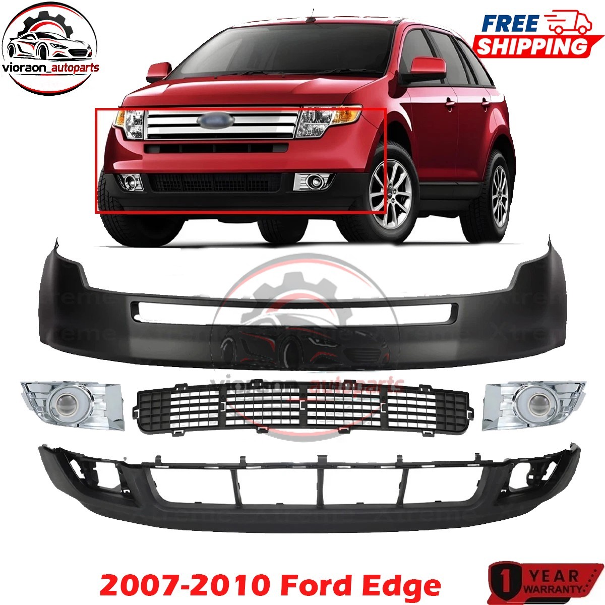 Front Bumper Cover Primed Plastic & Fog Lights Kit For 2007-2010 Ford Edge