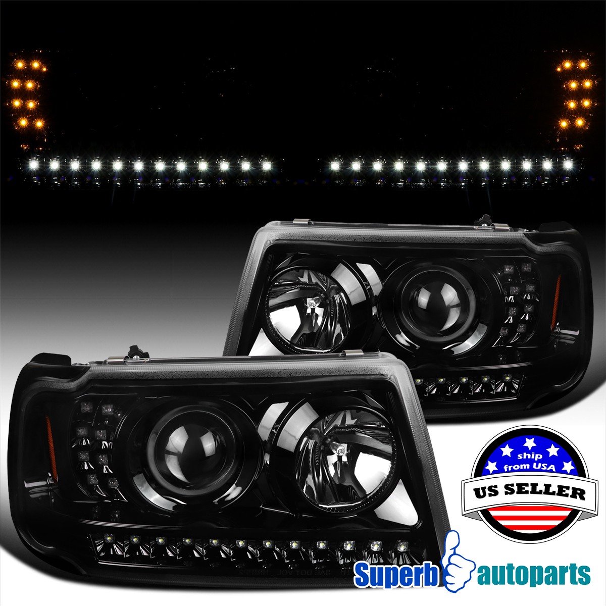 Fits 2001-2011 Ford Ranger Polished Black Projector Headlights LED Signal Strip Fits 2001-2011 Ford Ranger Polished Black Projector Headlights LED Signal Strip