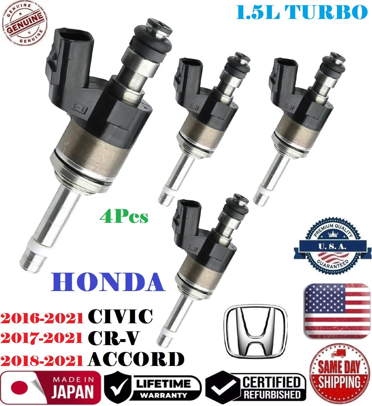 ✅ Genuine 4x Fuel Injectors For 2016-2021 HONDA CIVIC ACCORD CR-V 1.5L I4 TURBO