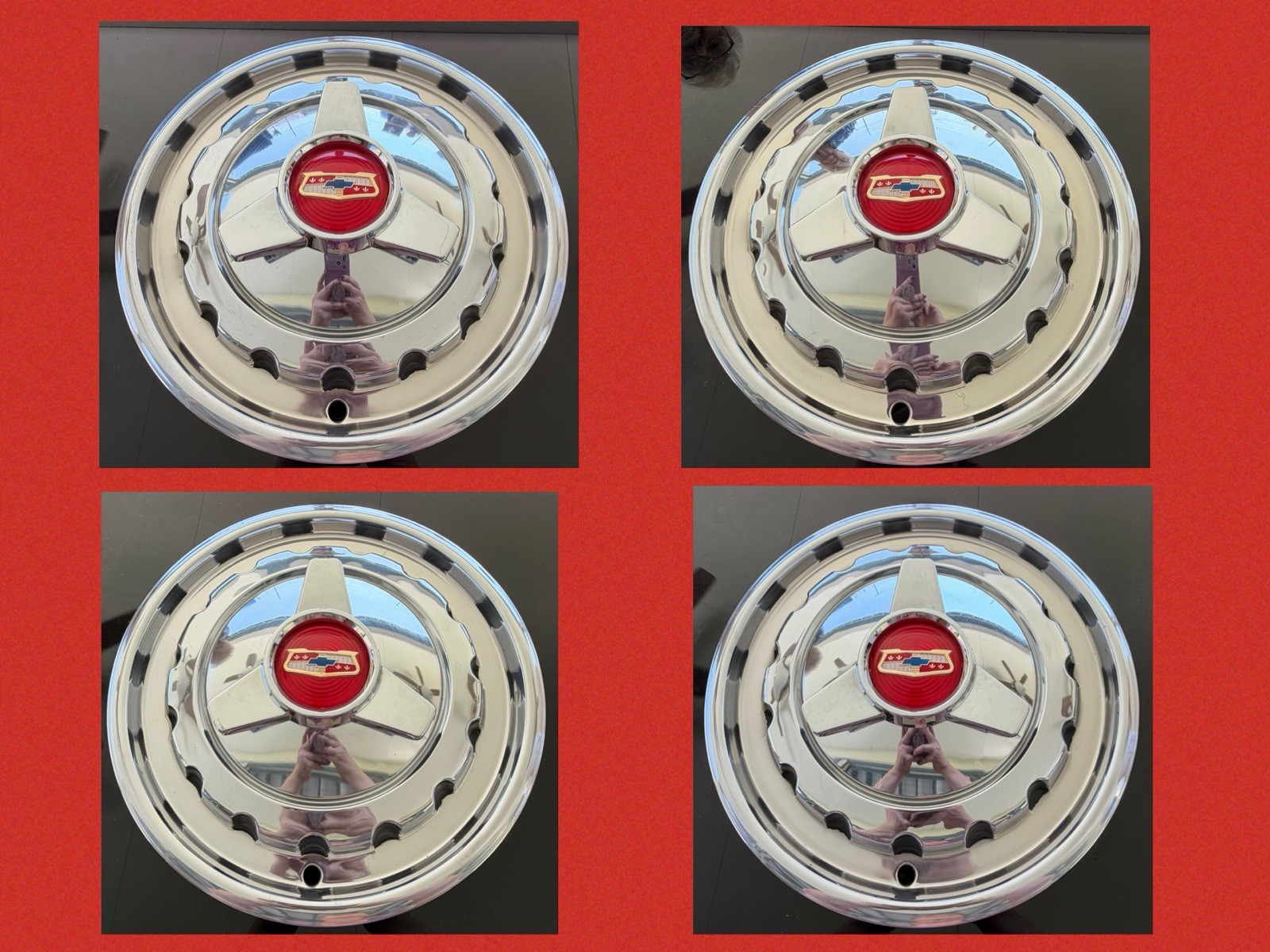 1957 CHEVY BEL-AIR HUBCAPS W/SPINNERS - ORIGINAL - SET OF 4 - HIGHLY RESTORED