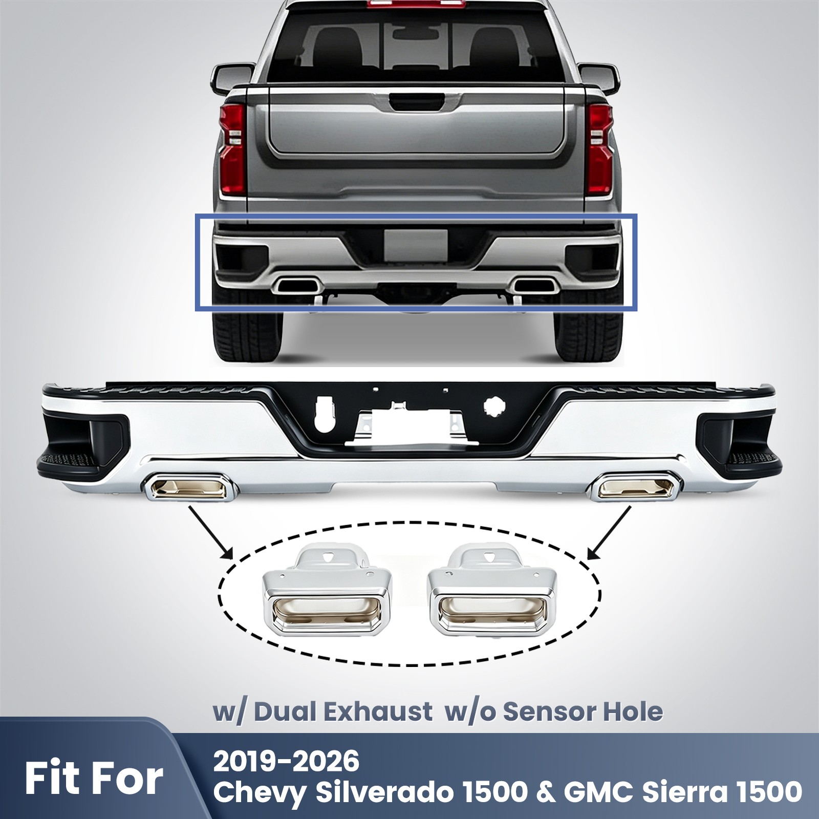 Chrome Rear Bumper Assembly For 2019-2026 Chevy Silverado 1500 W/O Sensor Holes