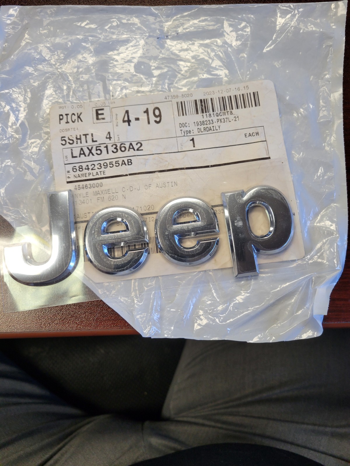Genuine Mopar 2019-2023 Jeep Cherokee Front Bumper Hood Nameplate 68423955AB