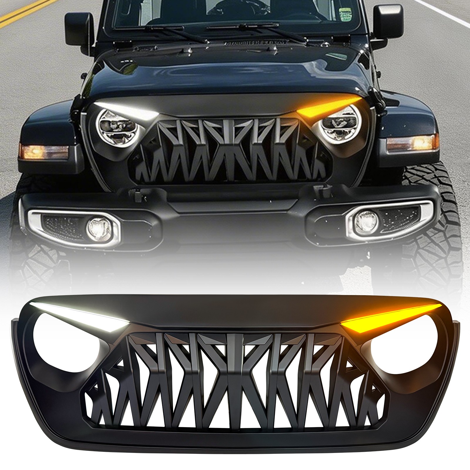 Front Shark Grille w/Eyebrow DRL & Turn Lights For 18-24 Jeep Wrangler JL JLU JT Front Shark Grille w/Eyebrow DRL & Turn Lights For 18-24 Jeep Wrangler JL JLU JT