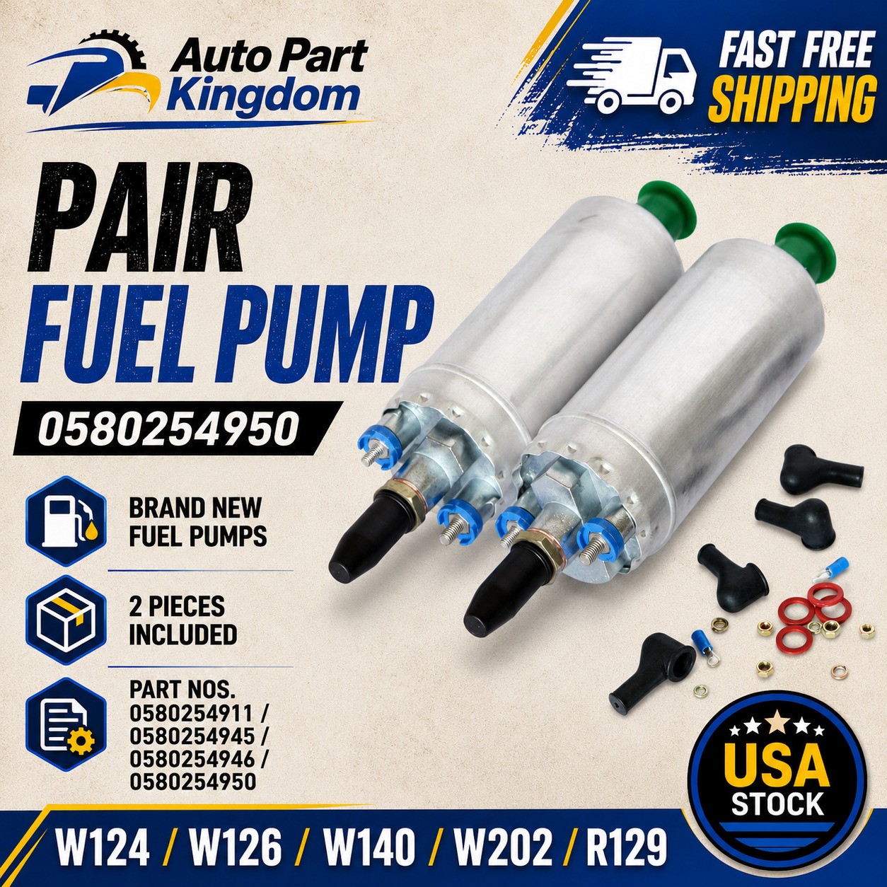 Fits Mercedes Pair Fuel Pump W124 W126 W140 W202 R129 C124 C126 0580254950 D0003